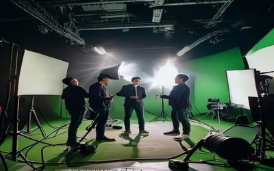 品牌形象片拍摄现场，导演与演员在绿幕前沟通走位，专业灯光设备环绕，天美传媒制作实力的真实写照